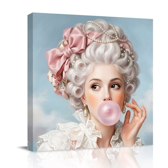 Rococo Hair Woman Canvas Wall Art for Living Room, Portrait Bubblegum Fashion Retro Woman Wall Decor Framed Artwork Pictures Ready to Hang for Bedroom Office Home Decor