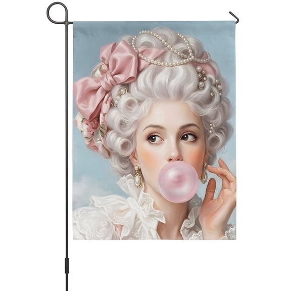 Rococo Hair Woman Garden Flag 12 x 18 Inches, Portrait Bubblegum Fashion Retro Woman Weather Proof Outdoor Patio Flags Double Sided Small Garden Decoration for Yard Outside Home