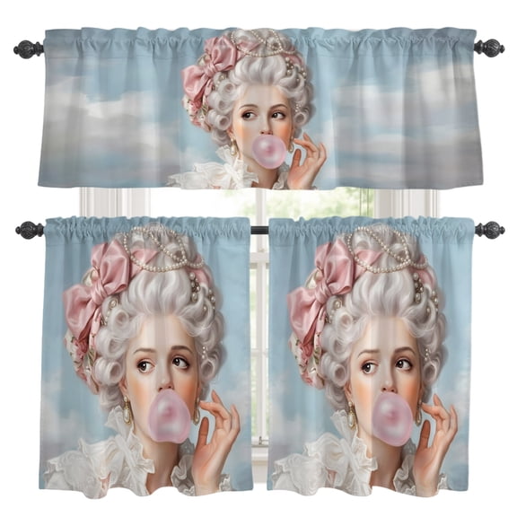 Rococo Hair Woman Kitchen Curtains Valance and Tier Set Portrait Bubblegum Fashion Retro Woman Rod Pocket Short Curtains for Small Window 3 Pieces Set for Bedroom Bathroom Cafe (54" x 18"+27" x 36")