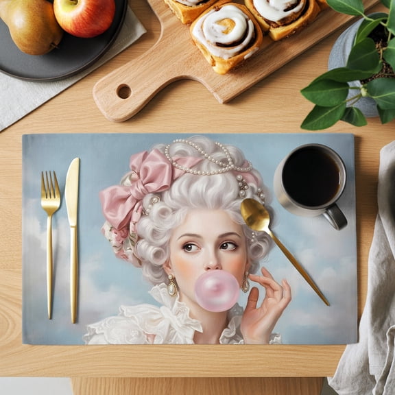 Rococo Hair Woman Placemats Set of 1, Portrait Bubblegum Fashion Retro Woman Non-Slip Place Mats Washable Table Mats for Kitchen Dining Table Decorations Indoor/Outdoor