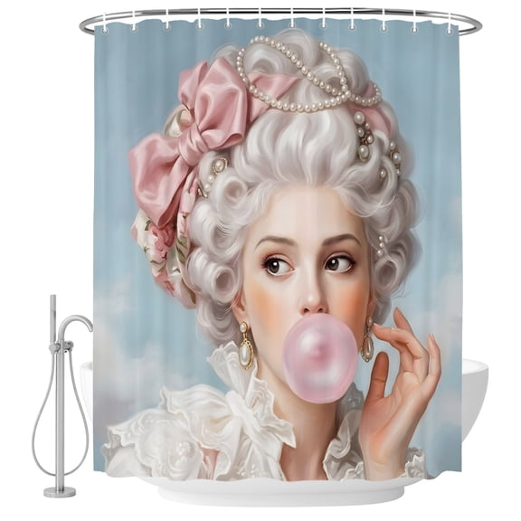 Rococo Hair Woman Shower Curtain for Bathroom, Portrait Bubblegum Fashion Retro Woman Waterproof Cloth Fabric Bathroom Accessories Set with 12 Rust Proof Plastic Hooks, 72"x84"