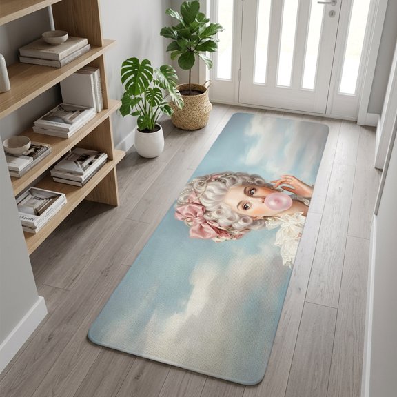 Rococo Hair Woman Washable Runner Rug 1.4x4 ft Portrait Bubblegum Fashion Retro Woman Non-Slip Hallway Runner Rug, Linen Kitchen Runner Mats, Indoor Floor Carpet for Entryway Bathroom Living Room