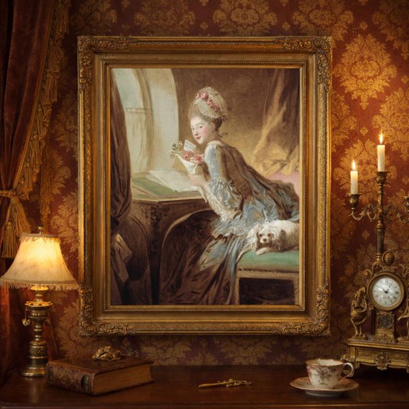 Rococo Lady Dog Portrait French Interior Rustic Dog Portrait Wall Art Decor Unframed Paper Print
