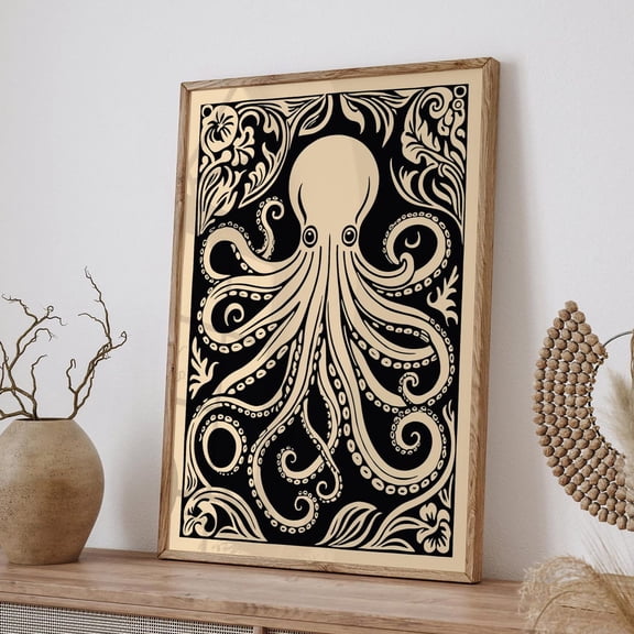 Rococo Octopus Black Beige Nautical Wall Decor Poster, Unframed Paper Poster 8x10in