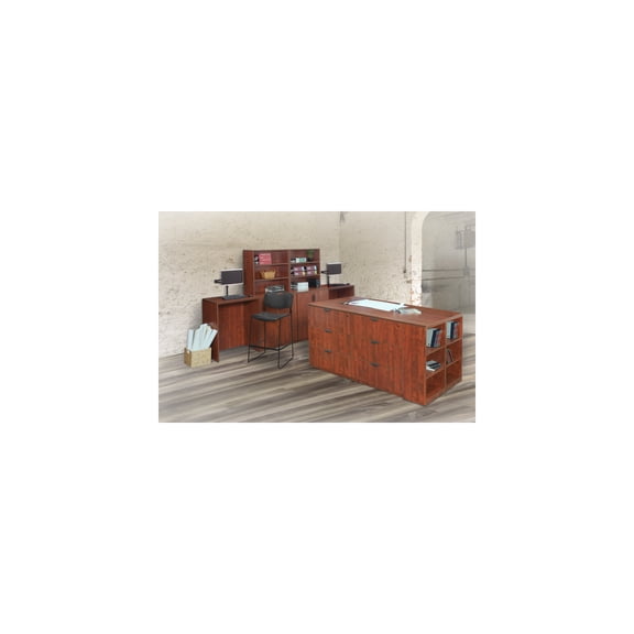 Rococo Radiance Up Quad with Bookcase End Top in Cherry Elegant Cherry Finish Desk with Quad Configuration and Integrated Bookcase for Organized Workspaces