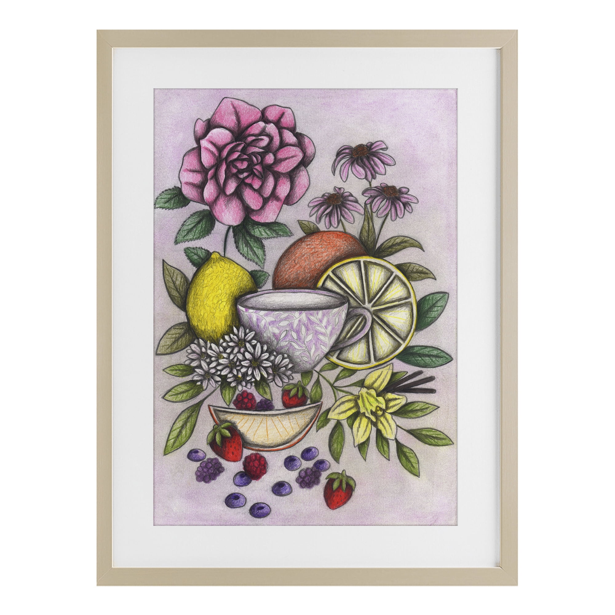 Rococo Tea with Fruits Birch Framed Print Under Glass, design by Cecilia Battaini