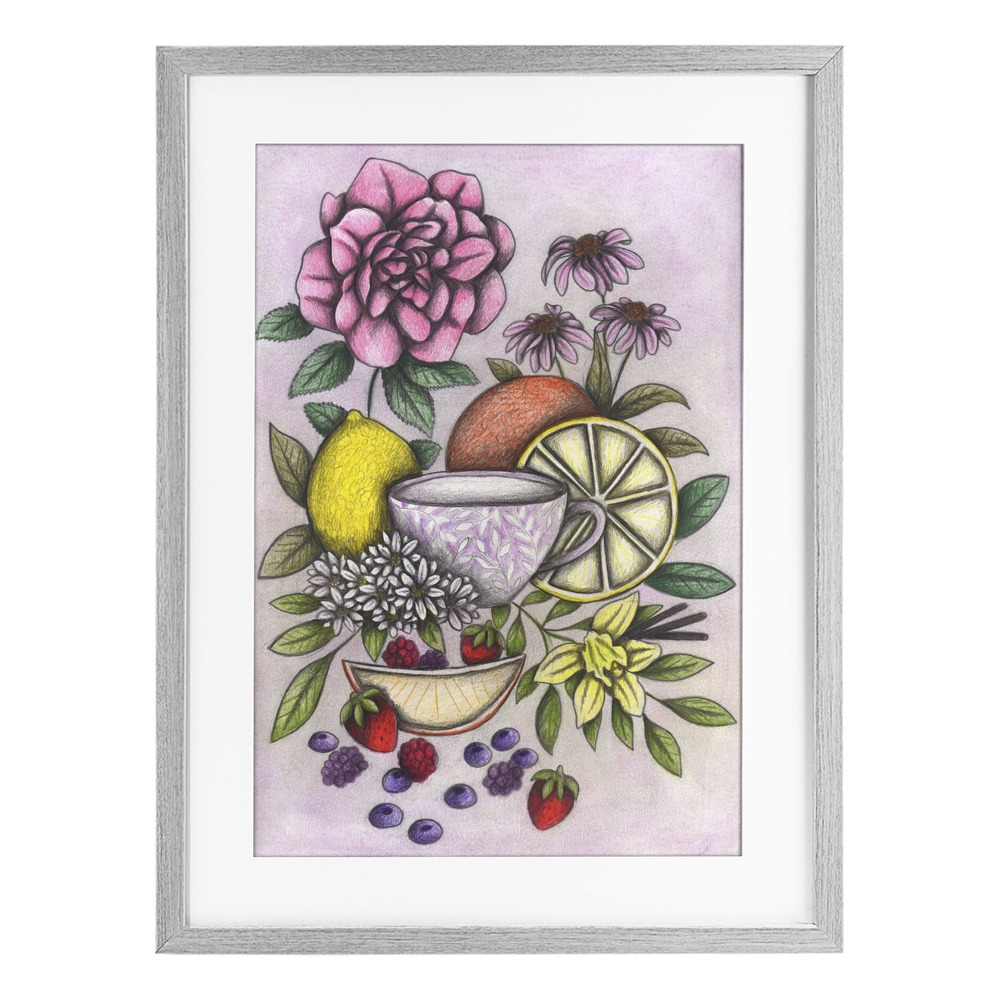 Rococo Tea with Fruits Gray Framed Print Under Glass, design by Cecilia Battaini