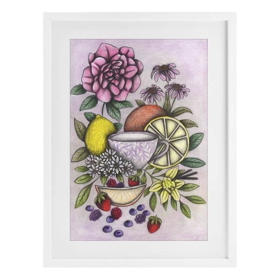 Rococo Tea with Fruits White Framed Print Under Glass, design by Cecilia Battaini