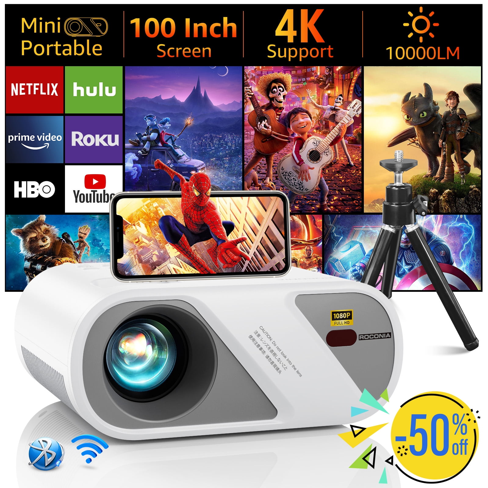 ROCONIA 5G Wifi Mini Projector with Bluetooth with Projector Screen,4K