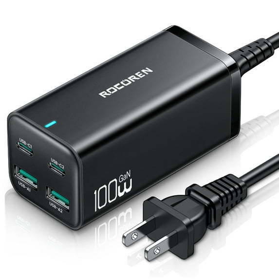 Rocoren 100W USB C Charger,4-Ports Fast Wall Charger Block with 5ft AC Cable for Steam Deck,MacBook Pro/Air, USB-C Laptop, iPhone 13, Samsung Galaxy, etc