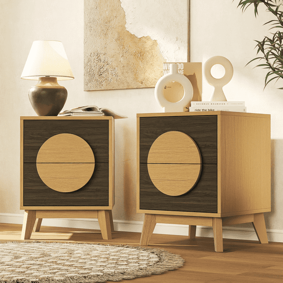 Rocyis 15 Oak Nightstand Set of 2 with Two Drawers and Round Handle, Wooden Modern Bedside Table for Small Space, Bedroom