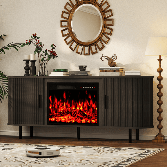 Rocyis 65" Modern Fireplace TV Stand for TVs Up to 75'', Fluted Entertainment Center with Electric Fireplace, Media Console Cabinet for Living Room, Black