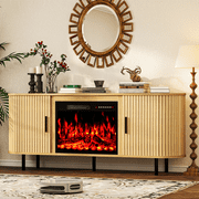 Rocyis 65" Modern Fireplace TV Stand for TVs Up to 75'', Fluted Entertainment Center with Electric Fireplace, Media Console Cabinet for Living Room, Natural Oak