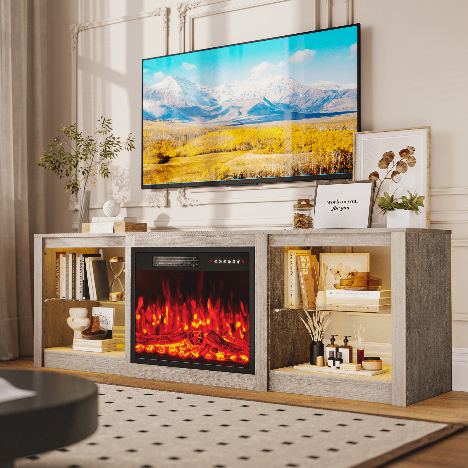 Rocyis 70’’ Fireplace TV Stand with LED Light and Entertainment Center for 80’’ TV with Adjustable Glass Shelves, White TV Console for Living Room/Bedrom,  Gray