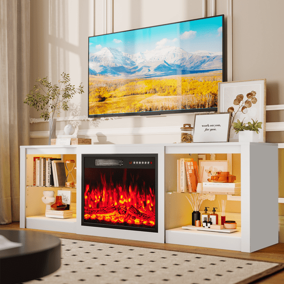 Rocyis 70'' Fireplace TV Stand with LED Light and Entertainment Center for 80'' TV with Adjustable Glass Shelves, White TV Console for Living Room/Bedrom, White