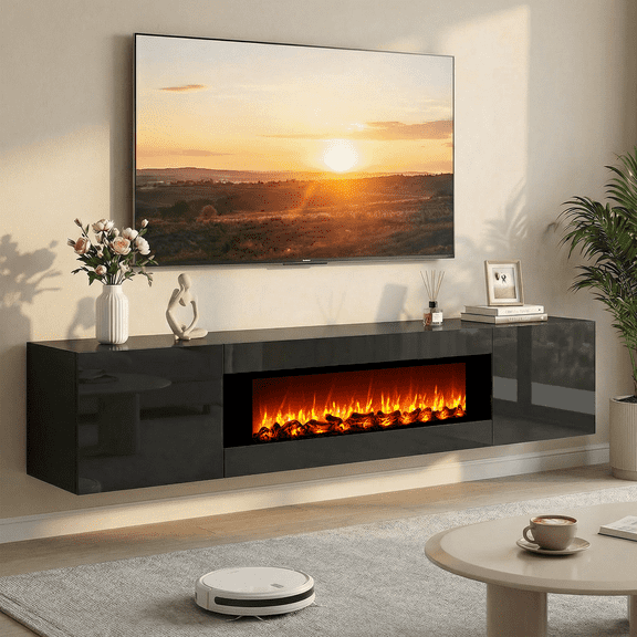 Rocyis 70" Floating TV Stand with 36" Electric Fireplace, Wall Mounted Entertainment Center for TVs Up to 80", TV Floating Cabinet for Living Room, Black