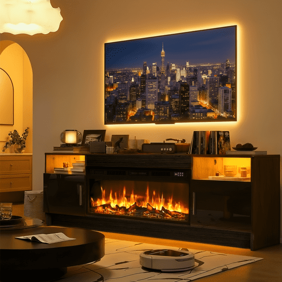 Rocyis 70” TV Stand with 3D Realistic Log Flame Electric Fireplace, Entertainment Center for TVs Up to 80-Inch, Modern TV Console with High Glossy Doors & LED Lights, Black