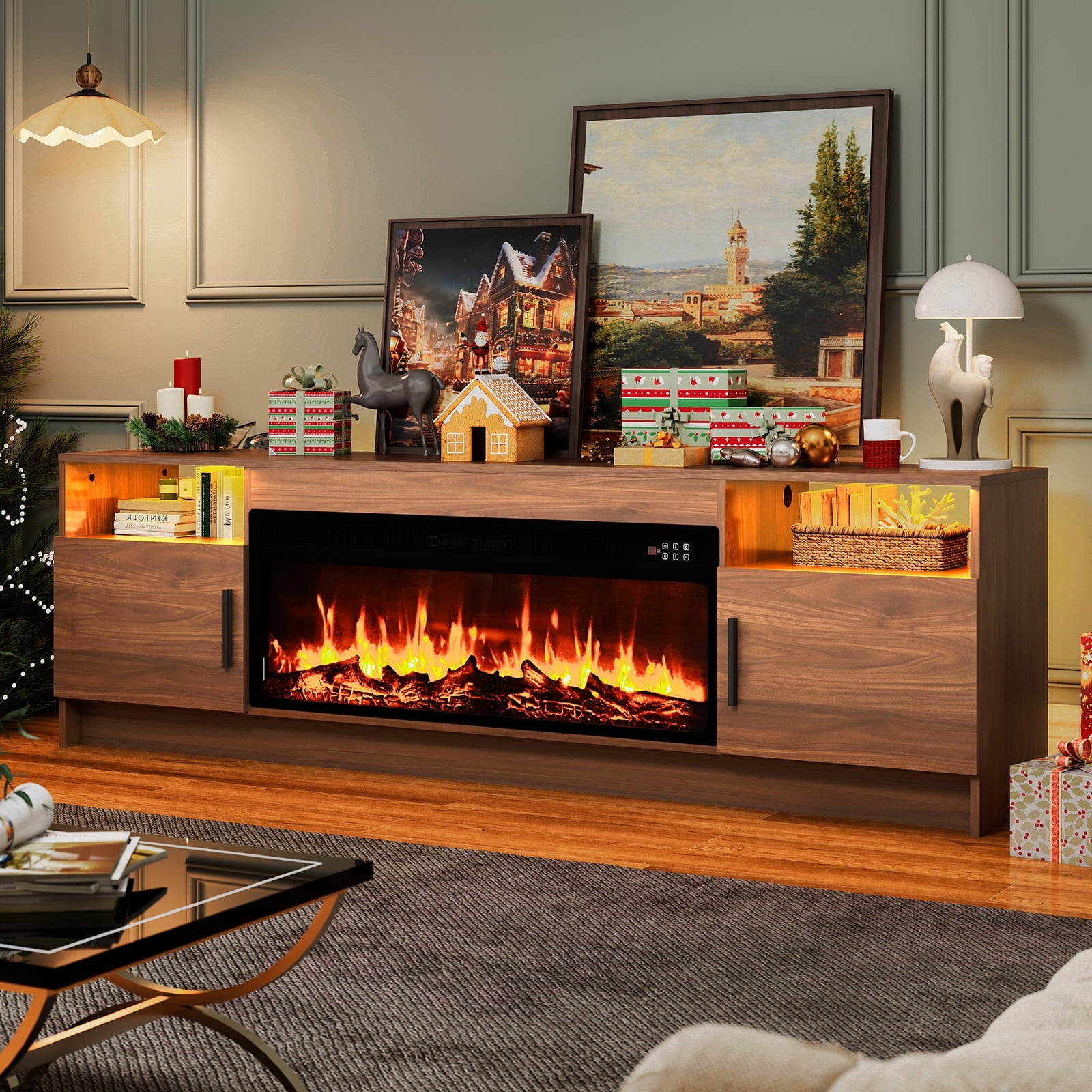 Rocyis 70” TV Stand with 3D Realistic Log Flame Electric Fireplace, Entertainment Center for TVs Up to 80-Inch, Modern TV Console with High Glossy Doors & LED Lights, Brown
