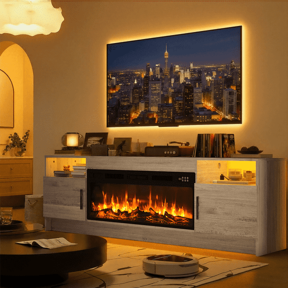 Rocyis 70 TV Stand with 3D Realistic Log Flame Electric Fireplace, Entertainment Center for TVs Up to 80-Inch, Modern TV Console with High Glossy Doors & LED Lights, Gray
