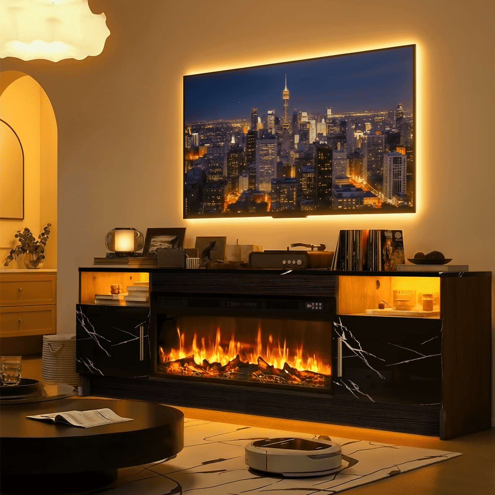 Rocyis 70” TV Stand with 3D Realistic Log Flame Electric Fireplace, Entertainment Center for TVs Up to 80-Inch, Modern TV Console with High Glossy Doors & LED Lights, Marble