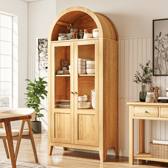 Rocyis 71 Arched Kitchen Pantry Storage Cabinet, Tall Wood Pantry Shelves with 2 Doors & 4 Shelves for Dining Room & Living Room