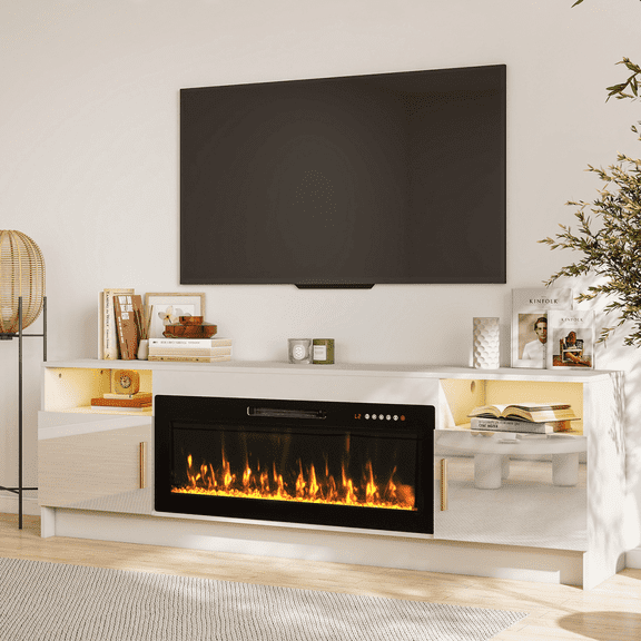 Rocyis Electric Fireplace TV Stand-70 inch TV Stand with 36" Electric Fireplace, Living Room TV Cabinet with Storage for TVs Up to 80", Led Entertainment Center, Modern Media Console, White