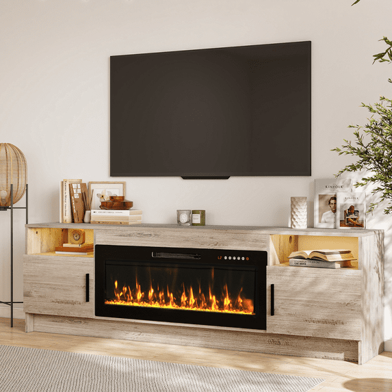 Rocyis Electric Fireplace TV Stand-70 inch TV Stand with 36" Electric Fireplace, Living Room TV Cabinet with Storage for TVs Up to 80", Led Entertainment Center, Modern Media Console, Gray