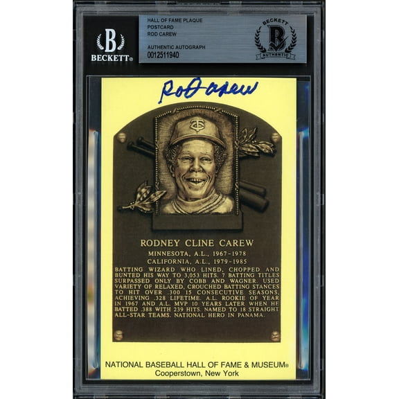 Rod Carew Autographed HOF Plaque Postcard Minnesota Twins Beckett BAS 186139