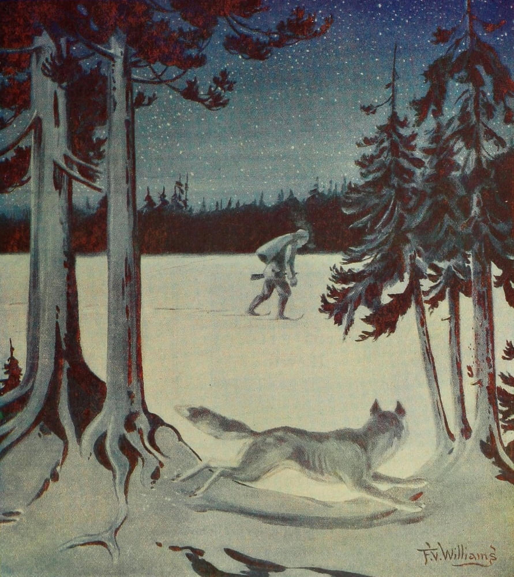 Rod & Gun in Canada 1916-22 Hunting by Moonlight Canvas Art - FV Williams (18 x 24)
