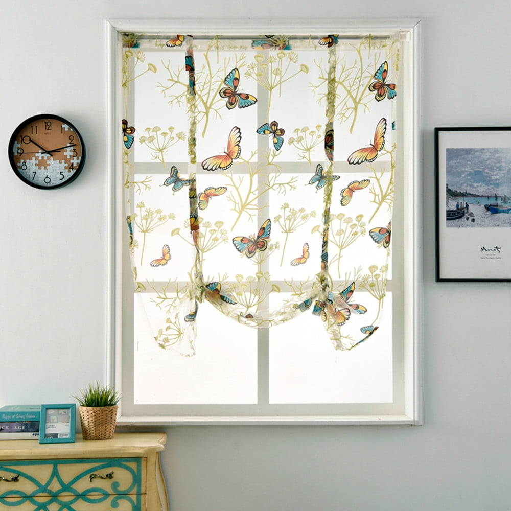 Rod Liftable Kitchen Bathroom Window Roman Curtain Floral Sheer Voile