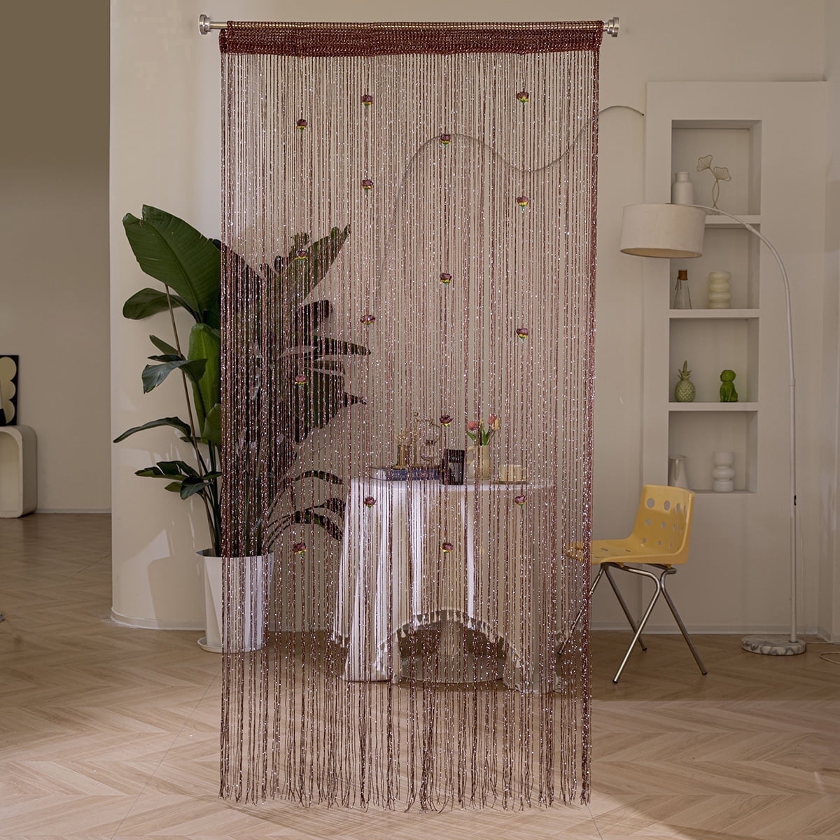 Rod‑Pocket Champagne Glitter String Curtain with Flower Beads Decorative