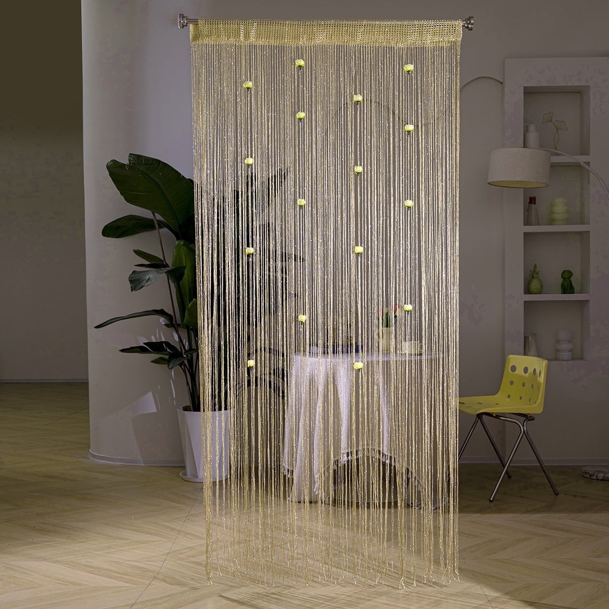 Rod‑Pocket Champagne Glitter String Curtain with Flower Beads Decorative