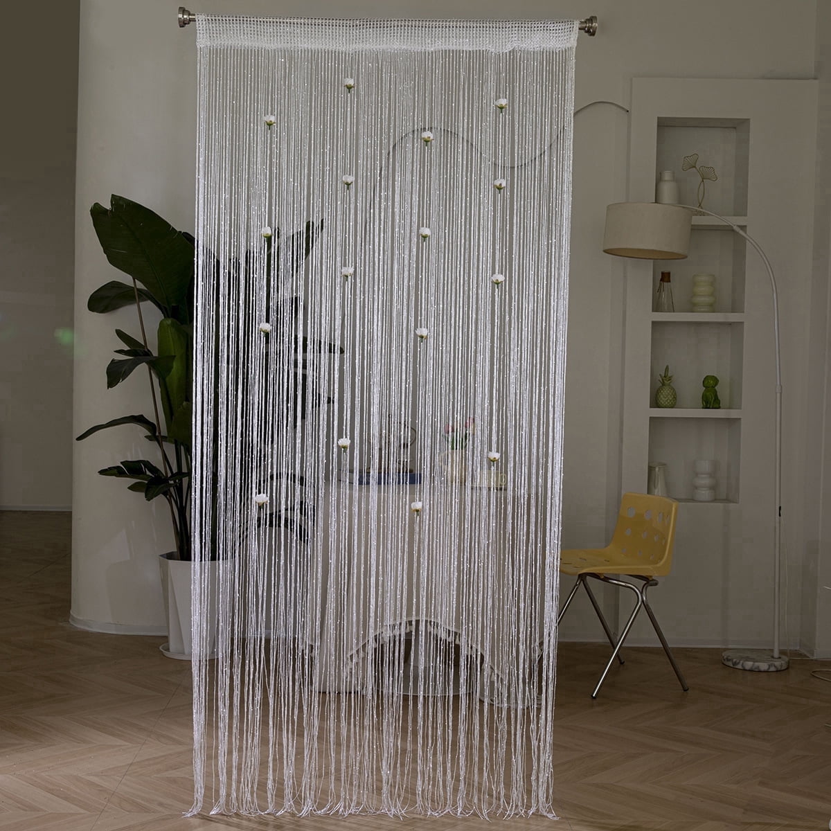 Rod‑Pocket Champagne Glitter String Curtain with Flower Beads Decorative
