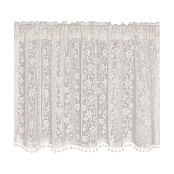 Rod Pocket Embroidered Semi Sheer Valance Curtain for Window Door, White Polyester Light Filtering Short Curtain for Bedroom Kitchen Laundry Room Decor
