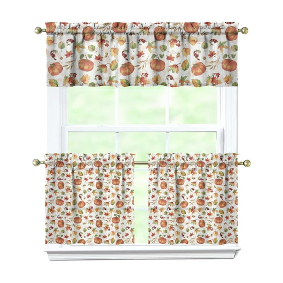 Rod Pocket Kitchen Curtain Set 3-Piece, 27.5x36 Inch Valance & Tier Drapes, Polyester Pongee Cafe Curtains for Living Room, Bathroom, Farmhouse Rustic Country Window Treatments.