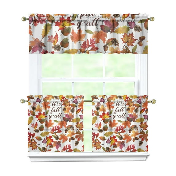 Rod Pocket Kitchen Curtain Set 3-Piece, 27.5x36 Inch Valance & Tier Drapes, Polyester Pongee Cafe Curtains for Living Room, Bathroom, Farmhouse Rustic Country Window Treatments.