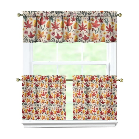 Rod Pocket Kitchen Curtain Set 3-Piece, 27.5x36 Inch Valance & Tier Drapes, Polyester Pongee Cafe Curtains for Living Room, Bathroom, Farmhouse Rustic Country Window Treatments.