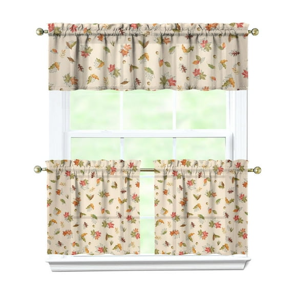Rod Pocket Kitchen Curtain Set 3-Piece, 27.5x36 Inch Valance & Tier Drapes, Polyester Pongee Cafe Curtains for Living Room, Bathroom, Farmhouse Rustic Country Window Treatments.