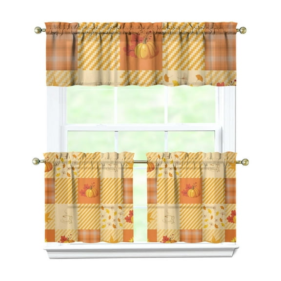Rod Pocket Kitchen Curtain Set 3-Piece, 27.5x36 Inch Valance & Tier Drapes, Polyester Pongee Cafe Curtains for Living Room, Bathroom, Farmhouse Rustic Country Window Treatments.