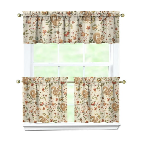 Rod Pocket Kitchen Curtain Set 3-Piece, 27.5x36 Inch Valance & Tier Drapes, Polyester Pongee Cafe Curtains for Living Room, Bathroom, Farmhouse Rustic Country Window Treatments.