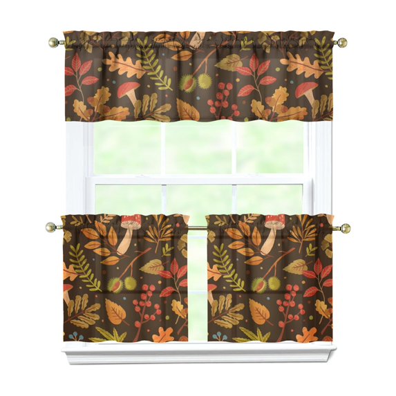 Rod Pocket Kitchen Curtain Set 3-Piece, 27.5x36 Inch Valance & Tier Drapes, Polyester Pongee Cafe Curtains for Living Room, Bathroom, Farmhouse Rustic Country Window Treatments.