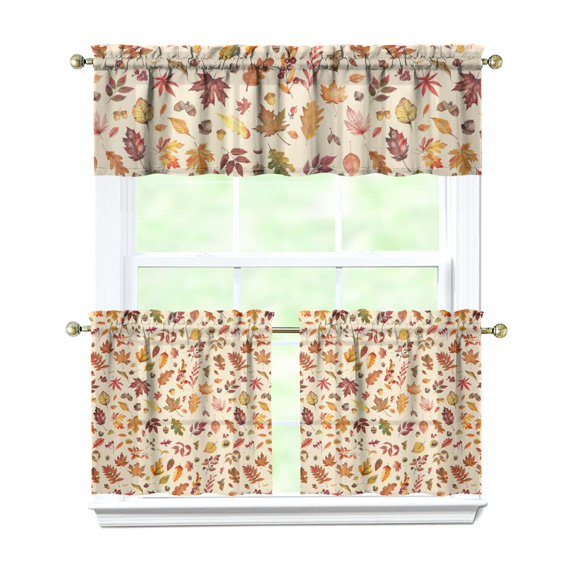 Rod Pocket Kitchen Curtain Set 3-Piece, 27.5x36 Inch Valance & Tier Drapes, Polyester Pongee Cafe Curtains for Living Room, Bathroom, Farmhouse Rustic Country Window Treatments.