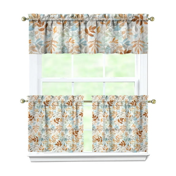Rod Pocket Kitchen Curtain Set 3-Piece, 27.5x36 Inch Valance & Tier Drapes, Polyester Pongee Cafe Curtains for Living Room, Bathroom, Farmhouse Rustic Country Window Treatments.