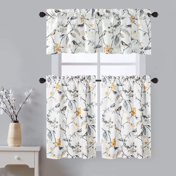Rod Pocket Kitchen Curtains and Valances Set, Birds Printed Tiers Valances for Windows for Kitchen Bathroom, 52 x 18 & 30 x 36, 3 Panel