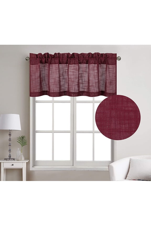 Rod Pocket Linen Texture Semi Sheer Window Treatment Curtain Valance (18" Long, Burgundy)