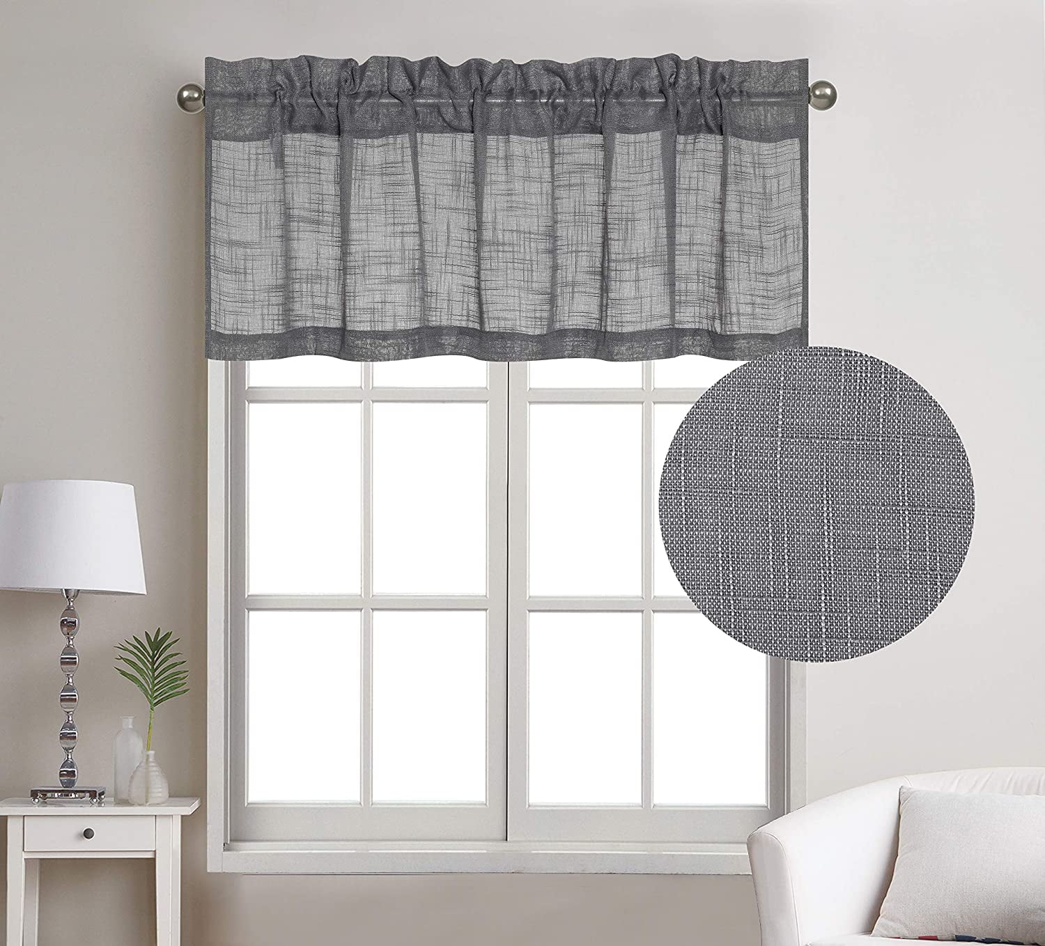 Rooney Linen Texture Grey Rod Pocket Semi Sheer Curtains, 52” x 18”