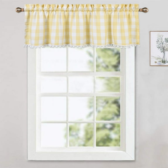 Rod Pocket Plaid Light Filtering Valance, Farmhouse Checkered Valance with Mini Ball Tassel