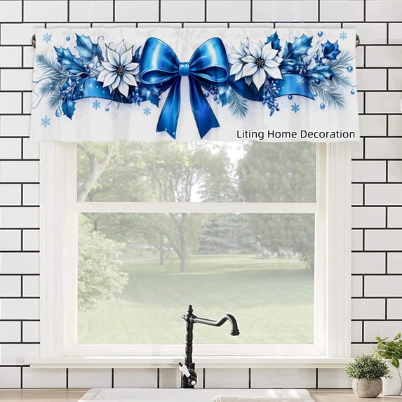 Rod Pocket Polyester kitchen Curtain Valances for Windows With Blue Bow And Floral Design For Indoor Living Room Bedroom Kitchen Decoration 54x18 inch
