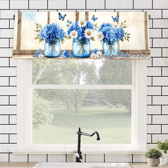 Rod Pocket Polyester kitchen Curtain Valances for Windows With Blue Flowers And Butterflies Design For Indoor Living Room Bedroom Kitchen Decoration 54x18 inch