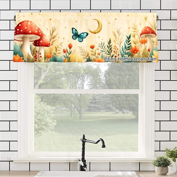 Rod Pocket Polyester kitchen Curtain Valances for Windows With Mushroom Butterfly And Moon Design For Indoor Living Room Bedroom Kitchen Decoration 54x18 inch